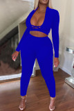 Blue Sexy Solid Hollowed Out Patchwork V Neck Long Sleeve Two Pieces