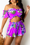 Yellow Fashion Casual Print Backless Off the Shoulder Short Sleeve Two Pieces