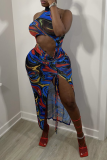 Blue Sexy Print Hollowed Out Halter Pencil Skirt Dresses