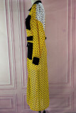 Yellow White Casual Print Polka Dot Patchwork Pocket Turndown Collar Shirt Dress Dresses