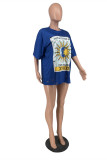 Blue Fashion Casual Print Hollowed Out O Neck T-Shirts