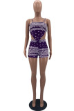 Purple Sexy Print Patchwork Backless Spaghetti Strap Sleeveless Two Pieces