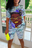 Pink Casual Print Patchwork V Neck Short Sleeve Two Pieces