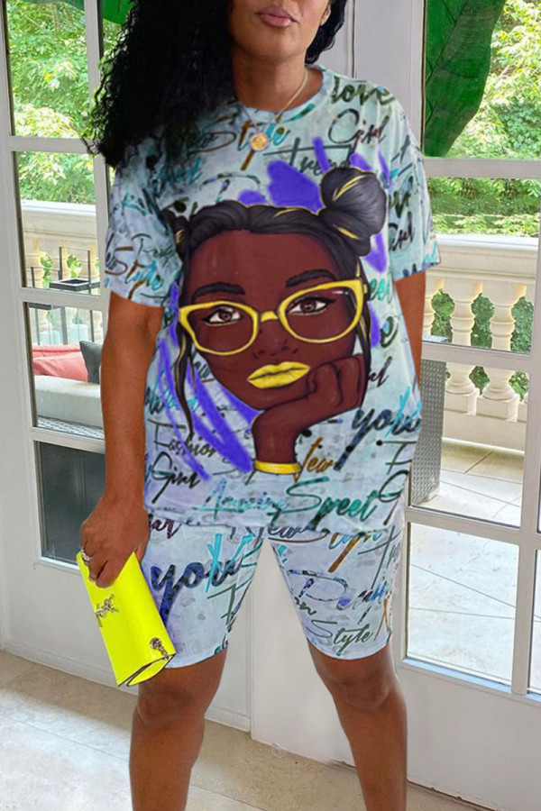 Blue Casual Print Patchwork V Neck Short Sleeve Two Pieces