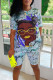 Blue Casual Print Patchwork V Neck Short Sleeve Two Pieces
