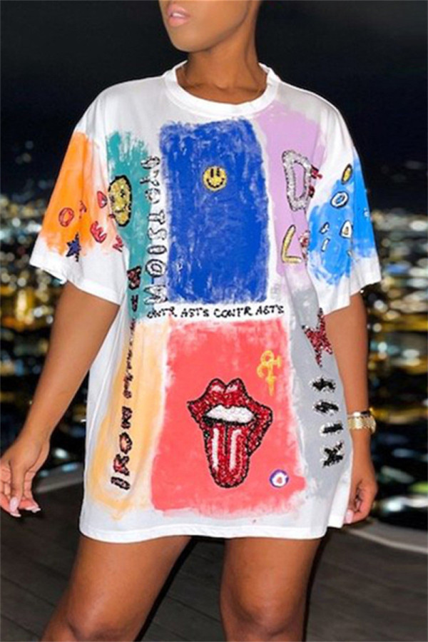 White Fashion Casual Print Basic O Neck T-Shirts