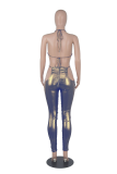 Blue Sexy Solid Hollowed Out Halter Skinny Jumpsuits