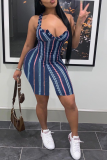 Blue Sexy Striped Patchwork V Neck Skinny Rompers