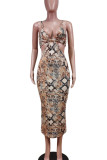 Leopard Print Sexy Print Hollowed Out Split Joint Spaghetti Strap Dresses