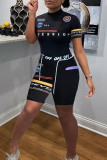 Black Casual Sportswear Print Basic O Neck Short Sleeve Two Pieces