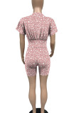 Leopard Print Casual Print Patchwork O Neck Short Sleeve Two Pieces