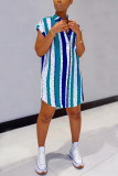 Blue Fashion Sexy Striped Short Sleeve Shirt Dress