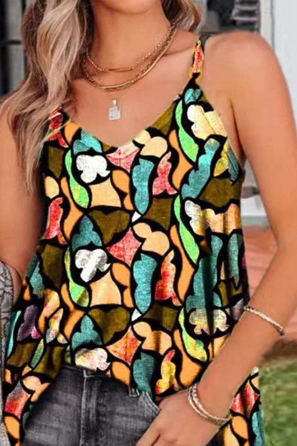 Yellow Casual Print Patchwork V Neck Tops