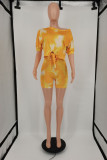 Yellow Fashion Casual Tie Dye Printing Oblique Collar Short Sleeve Two Pieces