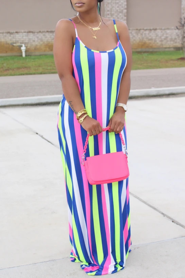 Baby Blue Casual Striped Patchwork Spaghetti Strap Straight Dresses