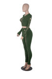 Army Green Sexy Solid Ripped O Neck Long Sleeve Two Pieces