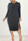 Pink Fashion Casual Solid Slit Turndown Collar Long Sleeve Dresses
