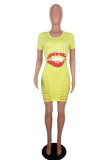 Yellow Sexy Print Ripped O Neck Pencil Skirt Dresses