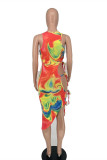 Multicolor Fashion Sexy Print Hollowed Out Frenulum O Neck Irregular Dress