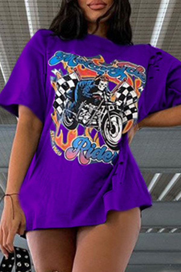 Blue Purple Fashion Casual Print Basic O Neck T-Shirts
