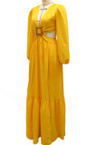 Yellow Sexy Solid Bandage Hollowed Out Patchwork Backless V Neck Straight Dresses
