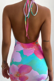 Multicolor Sexy Print Backless Halter Pencil Skirt Dresses