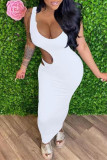White Fashion Sexy Solid Hollowed Out V Neck Vest Dress