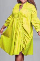 Yellow Casual Solid Split Joint Turndown Collar Cake Skirt Dresses