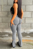 Light Gray Casual Solid Slit Boot Cut High Waist Speaker Solid Color Bottoms