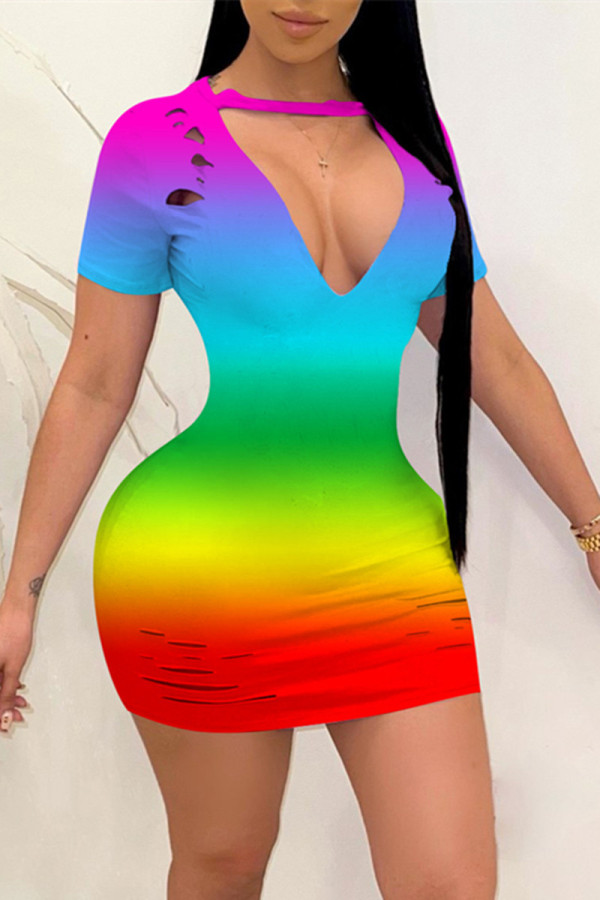 Colour Fashion Sexy Gradual Change Print Hollowed Out V Neck Short Sleeve Dress