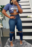 Blue Sexy Print Hollowed Out O Neck T-Shirts
