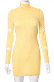 Yellow Fashion Sexy Solid Hollowed Out Turtleneck Long Sleeve Dresses