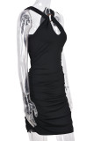 Black Sexy Solid Patchwork Backless Fold Pencil Skirt Dresses