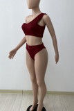 Deep Blue Casual Solid Patchwork Asymmetrical Swimwears