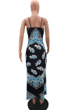 Blue Sexy Print Patchwork Spaghetti Strap Straight Dresses