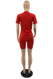 Red Casual Solid Patchwork Zipper Collar Short Sleeve Two Pieces