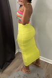 Yellow Sexy Solid Hollowed Out Skinny Mid Waist Pencil Solid Color Bottoms