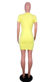 Yellow Sexy Print Ripped O Neck Pencil Skirt Dresses
