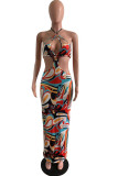 Multi-color Sexy Print Hollowed Out Backless Halter Sheath Dresses