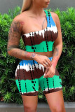 Rose Red Sexy Casual Print Backless One Shoulder Sleeveless Two Pieces