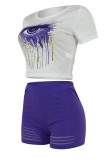 Blue Casual Print Hollowed Out Patchwork O Neck Short Sleeve Two Pieces