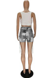 Grey Sexy Print Ripped Contrast Spaghetti Strap Sleeveless Two Pieces