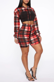 Red Black Casual Striped Patchwork Hooded Collar Long Sleeve Two Pieces