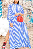 Blue Casual Striped Print Patchwork High Opening Asymmetrical Mandarin Collar Shirt Dress Dresses