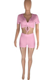 Pink Fashion Casual Solid Bandage V Neck Short Sleeve Two Pieces