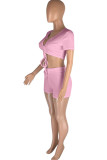 Pink Fashion Casual Solid Bandage V Neck Short Sleeve Two Pieces