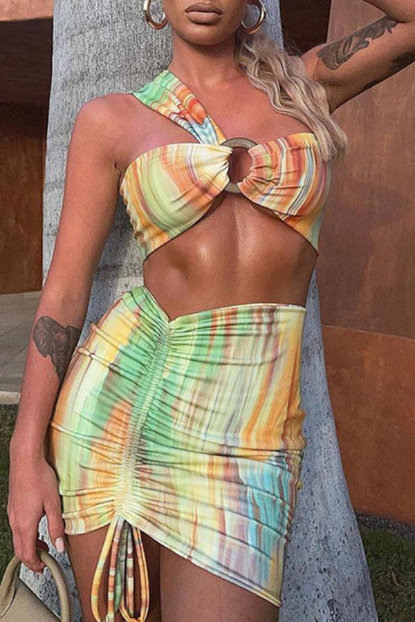 Green Sexy Print Bandage Hollowed Out Patchwork Fold Strapless Pencil Skirt Dresses