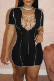 White Fashion Sexy Solid Hollowed Out Patchwork V Neck Short Sleeve Dress