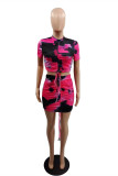 Rose Red Fashion Tie Dye Printing O Neck Short Sleeve Two Pieces
