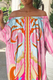 Pink Sexy Print Patchwork Off the Shoulder Irregular Dress Dresses